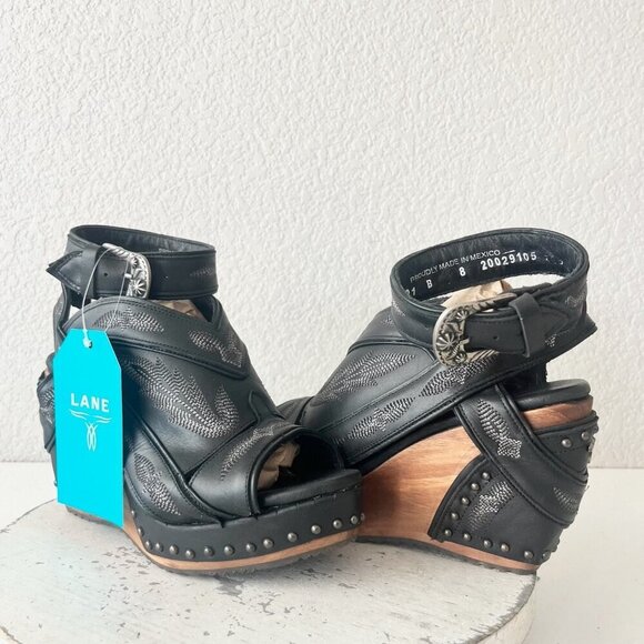 Lane Boots LEXINGTON Womens Black Wedges 8 Western Sandals Cowgirl Wooden Heel - Picture 1 of 11